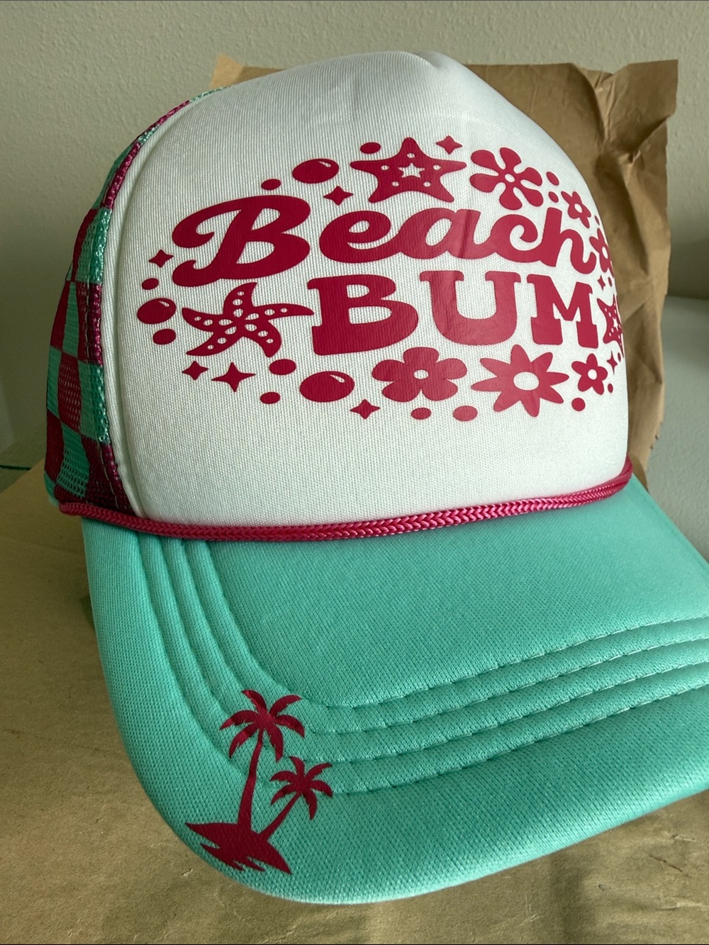 Beach Bum Trucker Hat - White & Aqua with Pink Print - Picture 4 of 4